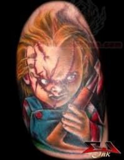 Scary Chucky With Axe Color Ink Tattoo