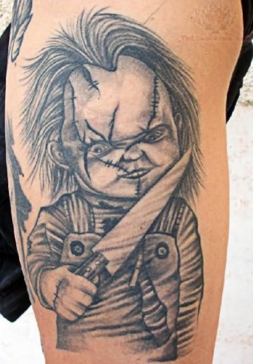 Grey Ink Chucky Tattoo On Leg