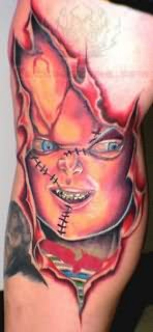Color Chucky Rip Skin Tattoo On Leg