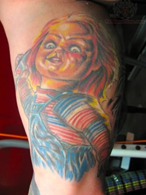 Colorful Chucky Tattoo On Leg