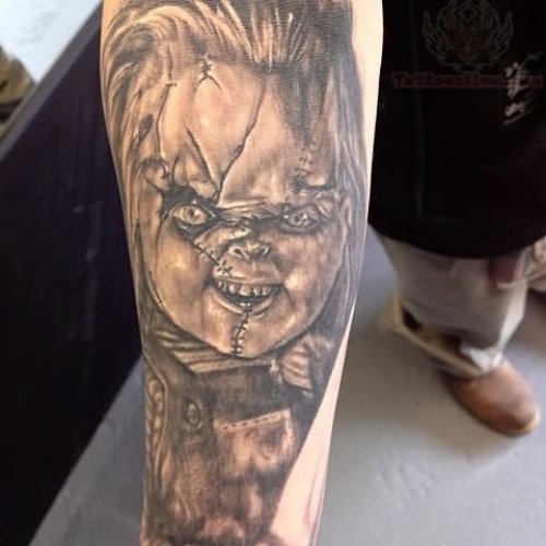 Grey Ink Scary Chucky Tattoo