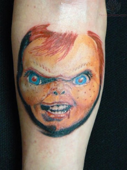 Blue Eyes Chucky Head Tattoo
