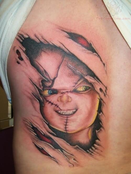 Ripped Skin Chucky Tattoo On Side Rib