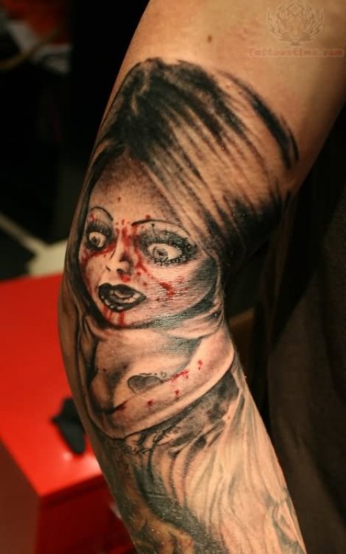 Grey Ink Sleeve Chucky Wife Tattoo