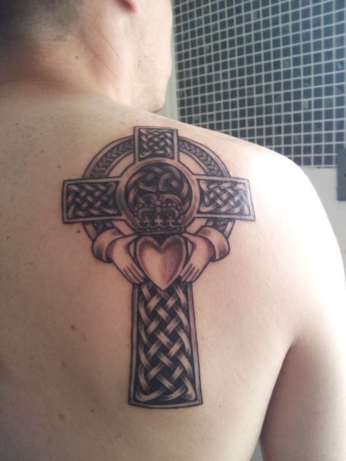 Celtic Cross Claddagh Tattoo On Back Shoulder