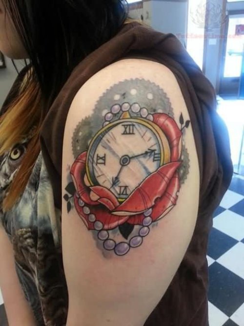 Left Shoulder Flower Clock Tattoo