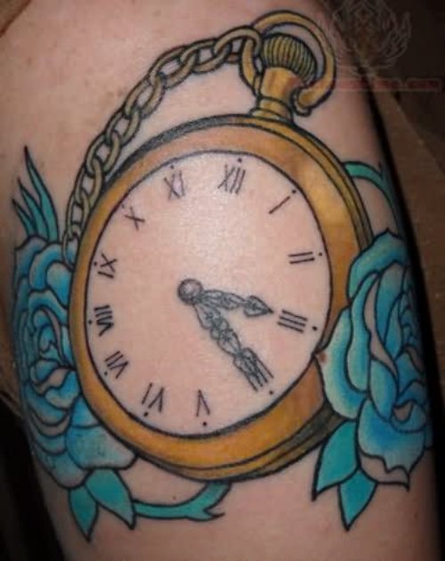 Blue Rose And Clock Tattoo