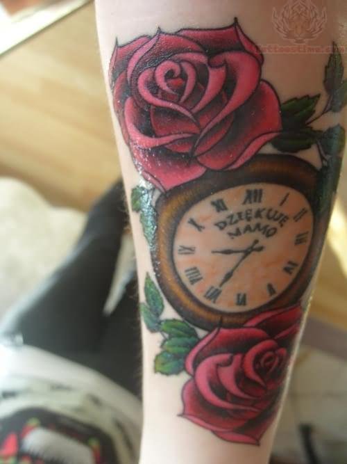 Red Roses And Clock Tattoo On Sleeve