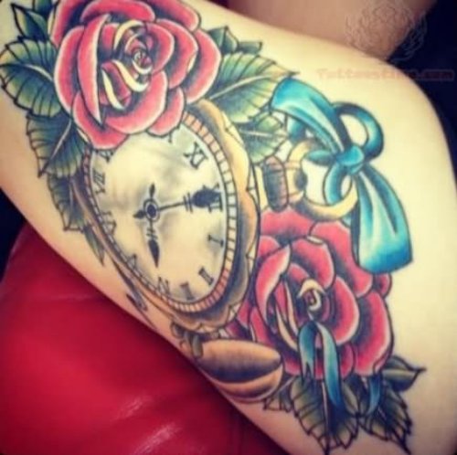 Color Flowers And Clock Tattoo