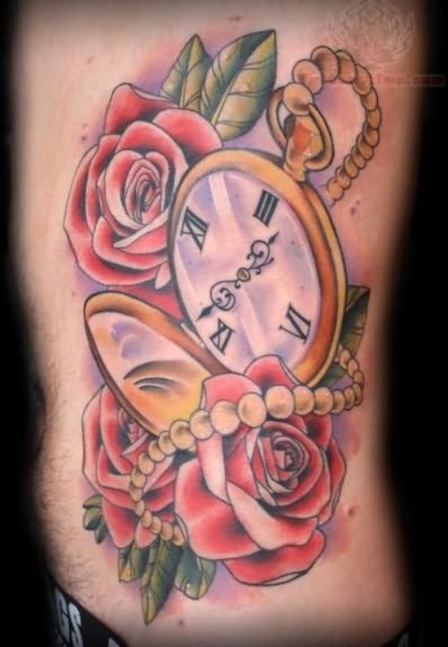 Red Roses And Clock Tattoo On Rib Cage