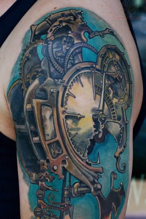 Color Mechanical Clock Tattoo