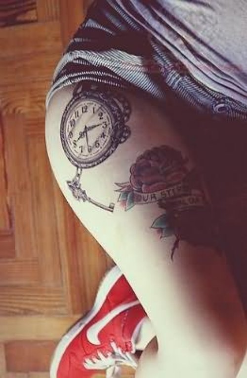 Cloud And Red Rose Tattoo On Side Thigh