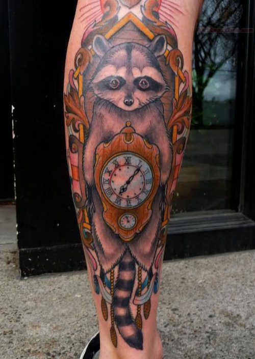 Fox And Clock Tattoo On Back Leg