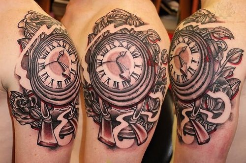 Awesome Clock Tattoo On Left Shoulder
