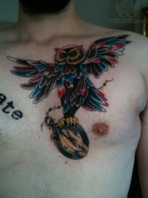 Owl And Clock Tattoo On Men Chest