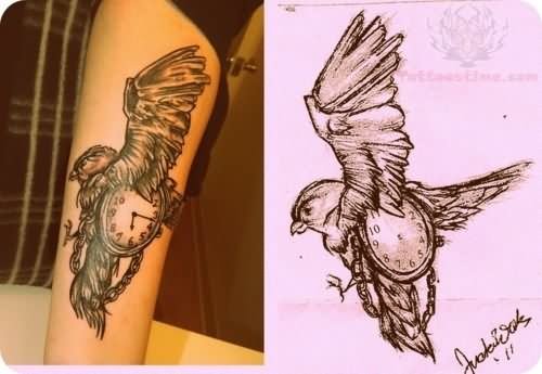 Flying Eagle With Clock Tattoo