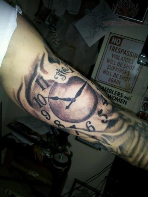 Grey Ink Large Clock Tattoo On Left Sleeve