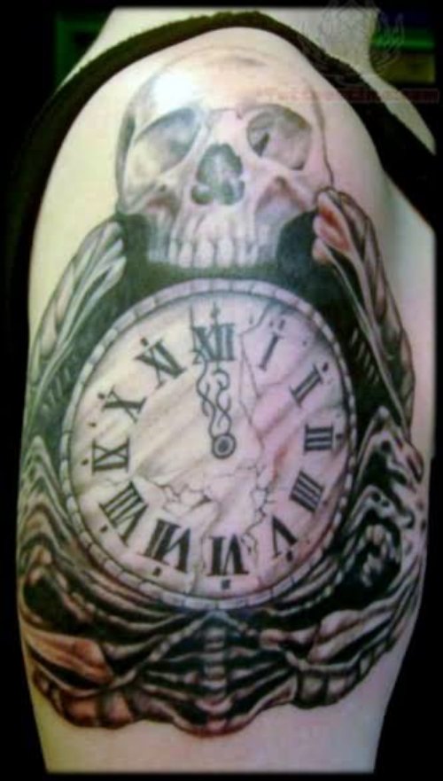 Death Clock Tattoo On Right Shoulder