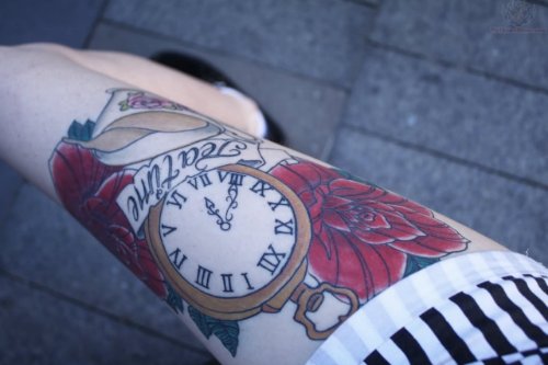 Red Flowers Clock Tattoo