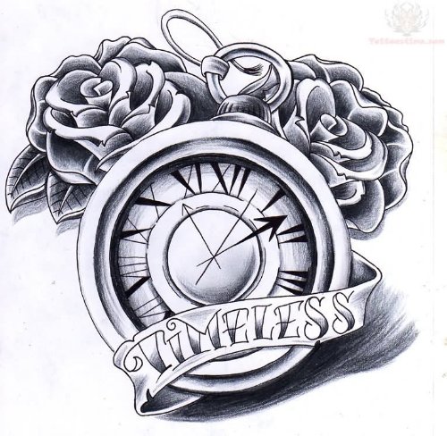 Timeless Banner And Clock Tattoo Design