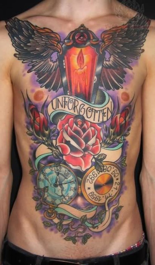 Winged Candle Clock And Banner Tattoo On Front