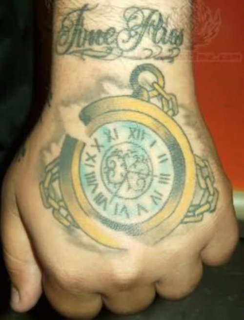 Clock Tattoo On Back Hand