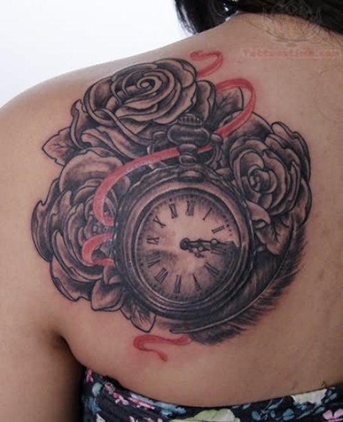 Rose Flowers And Clock Tattoo On Back Shoulder
