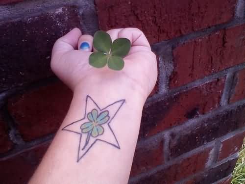 Star And Clover Tattoo On Girl Left Wrist