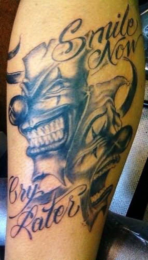 Smile Now Cry Later Clown Tattoo On Sleeve