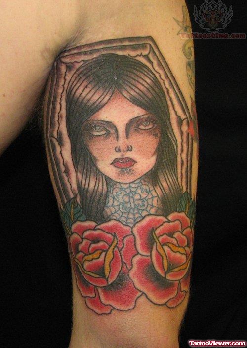 Coffin Girl Tattoo On Bicep