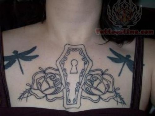 Coffin Tattoo On Lady Chest