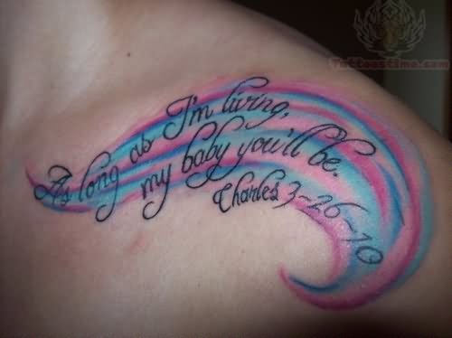 Colorful Lettering Tattoo On Collarbone