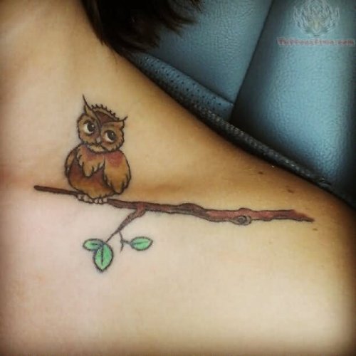 Owl Brown Ink Collarbone Tattoo