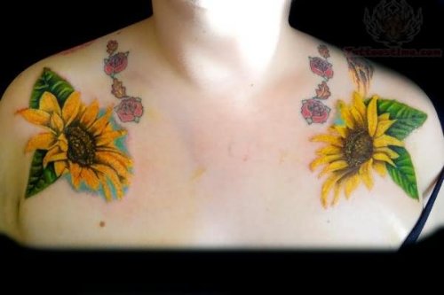Sun Flowers Tattoos On Collarbone