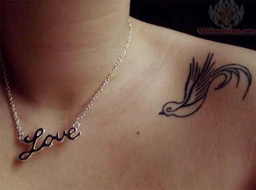 Flying Swallow Tattoo On Collarbone