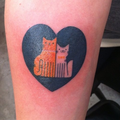 Black Heart And Kitty Comb Tattoo