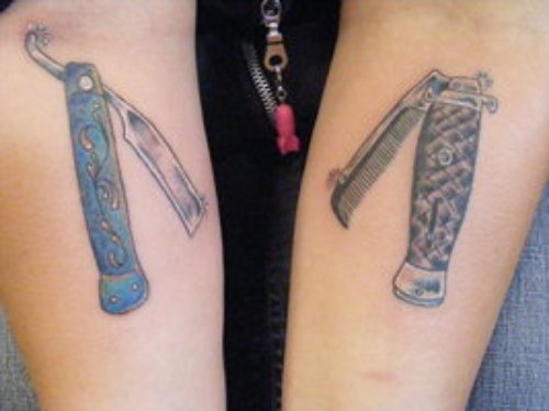 Color Ink Razor And Comb Tattoos On Both Arms