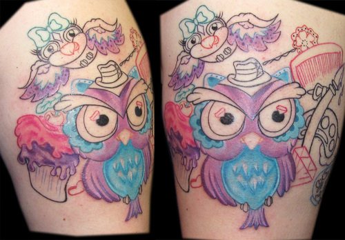 Color Ink Owl And Comb Tattoo
