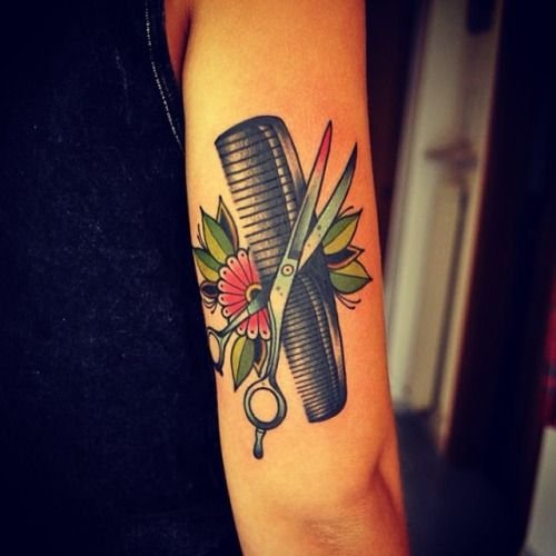 Flower Scissor And Comb Tattoo On Bicep