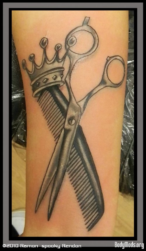 Crown Comb And Scissor Grey Ink Tattoo