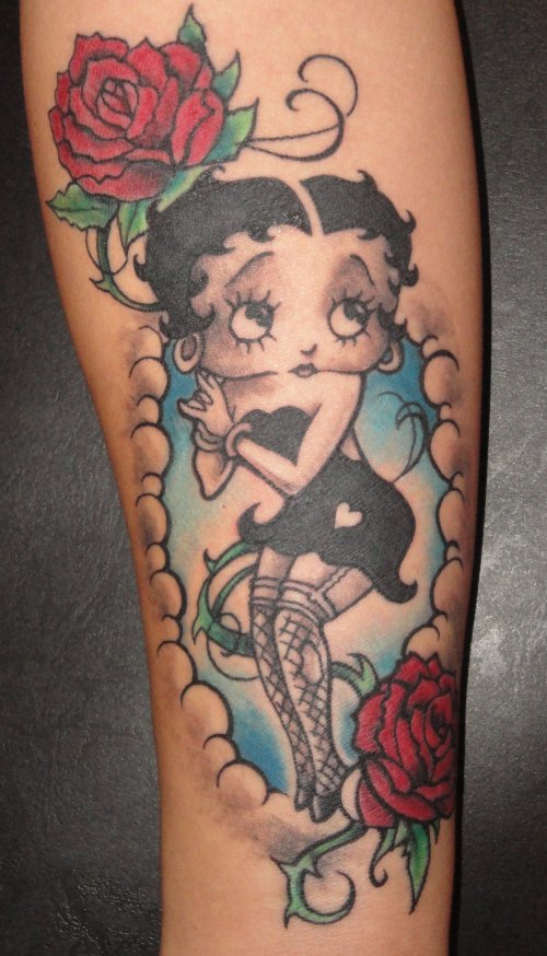 Betty Boop With Red Rose Flowers Tattoo Design Idea