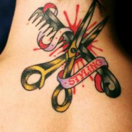Scissor And Comb And Styling Banner Tattoo On Chest