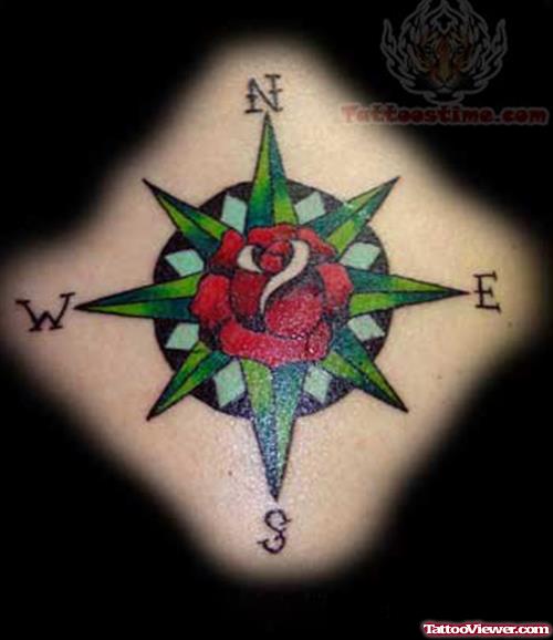 Rose And Green Compass Tattoo