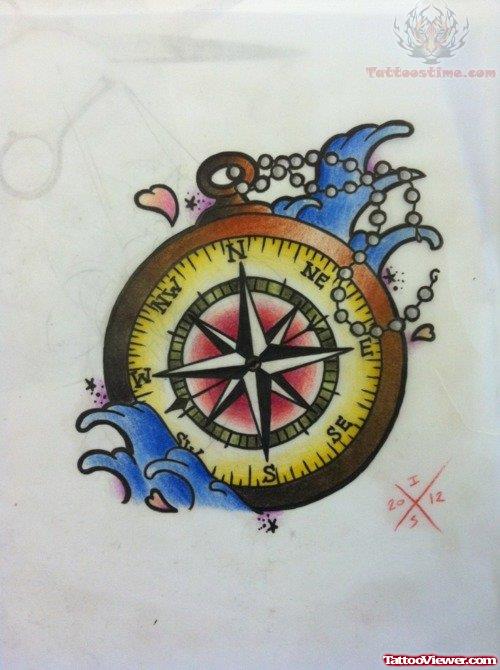 Waves And Compass Tattoo Design