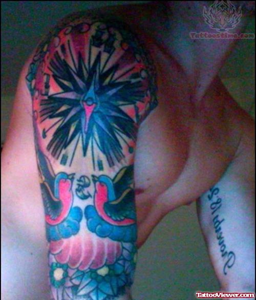 Colorful Compass Tattoo On Shoulder