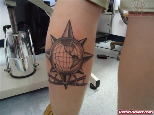 Globe And Compass Tattoo On Calf