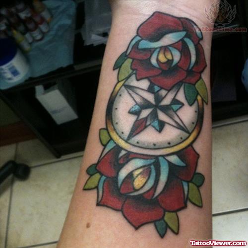 Rose And Compass  Colorful Tattoo