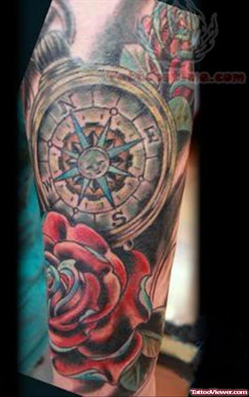 Amazing Red Rose And Compass Tattoo Picture