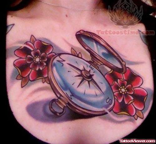 Compass Tattoo On Girl Chest