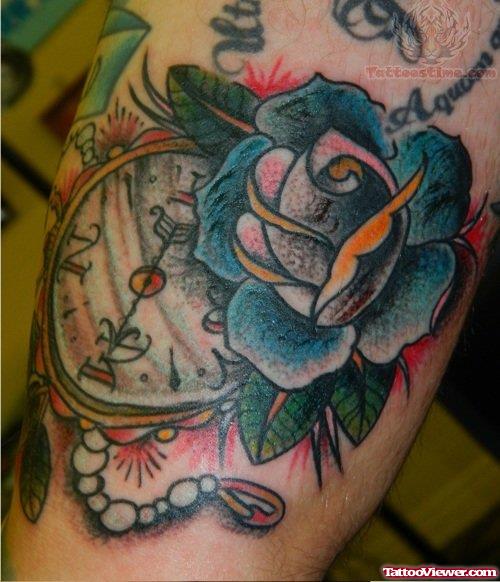 Blue Rose And Compass Tattoo